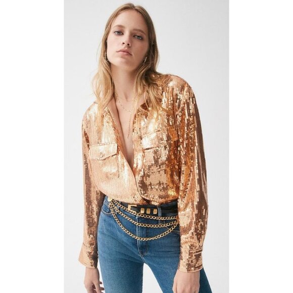 Retrofete shirt Womens small Carlotta Sequin party cocktail long sleeve Top gold - Picture 1 of 13